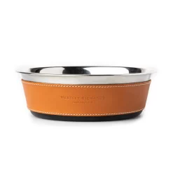 Leather Covered Dog Bowl In Mid Tan