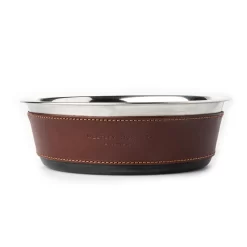 Leather Covered Dog Bowl In Dark Tan
