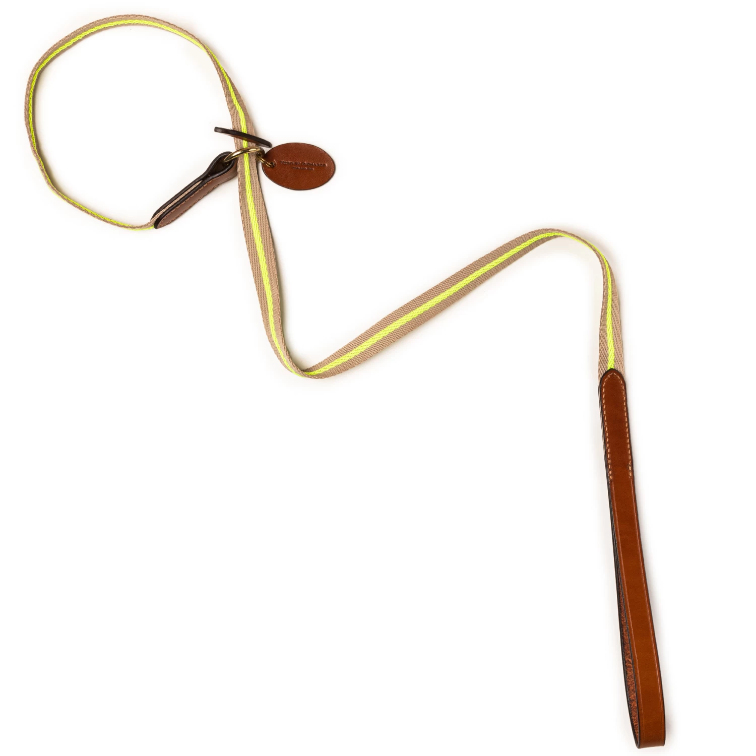 Fluorescent Dog Lead In Yellow Stripe & Mid Tan 1 Fluorescent Dog Lead In Yellow Stripe & Mid Tan