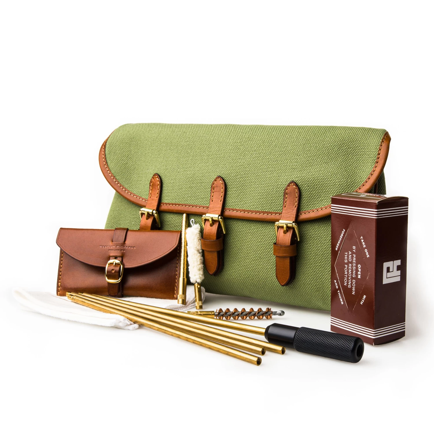 Redfern Cleaning Pouch With Accessories In Green & Mid Tan 2 Redfern Cleaning Pouch With Accessories In Green & Mid Tan - Image 2